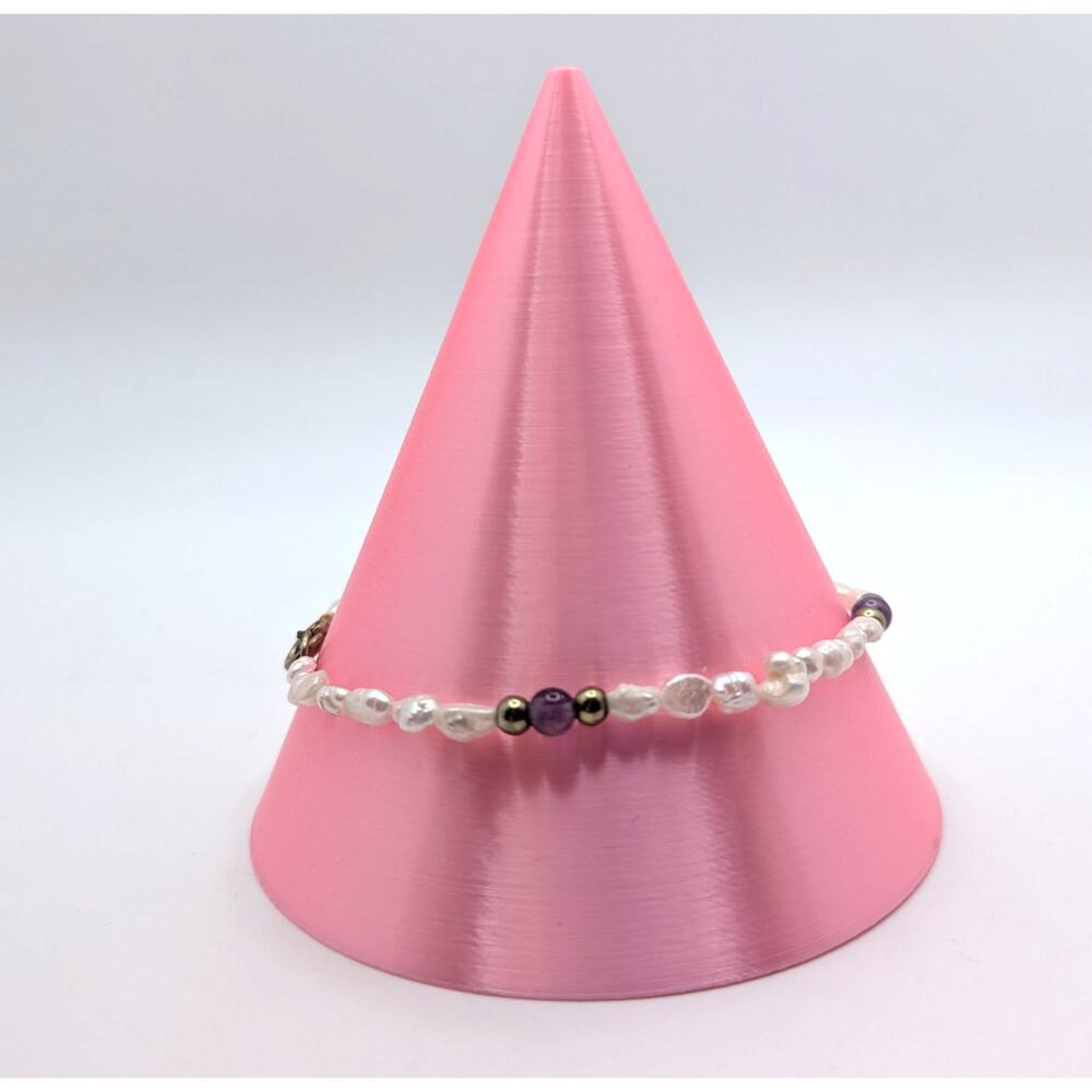 Freshwater Pearl Bracelet 7 in Black Gold Purple Beaded Jewelry Retro Estate